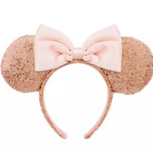 NEW! Disney Parks Minnie Mouse Sequin Ears Headband Rose Gold Pink Bow